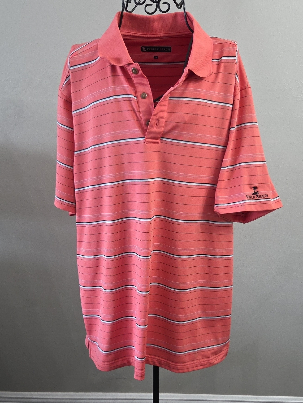 Pebble Beach Coral Striped Polo with Black & White Accents